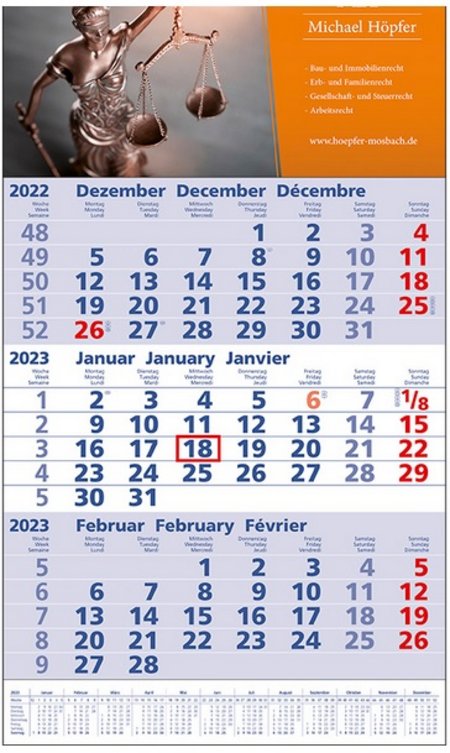 3 Monats-Wandkalender blau Standard 1 plus mit Werbedruck