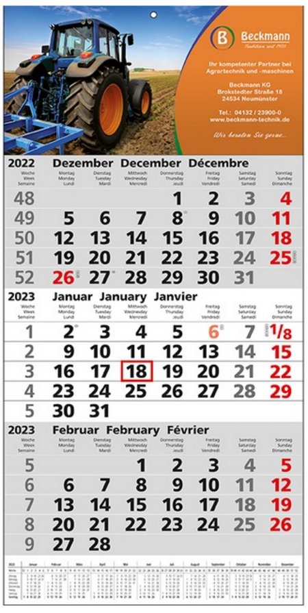 3 Monats-Wandkalender Jahreskalendarium auf jedem Blatt mit Logo