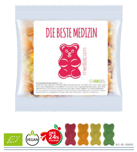 Vegane Bio Gummibärchen im Werbetütchen mit Etikett