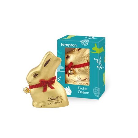 Werbekartonage „Lindt Goldhase“ 50 g mit Werbedruck