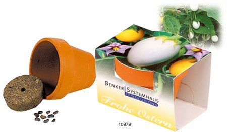 Tontöpfchen „Frohe Ostern“ mit Werbung, Logo
