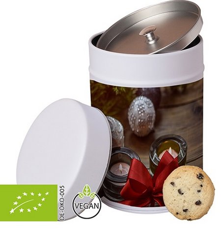 Bio Cookie in Metalldose mit Werbedruck