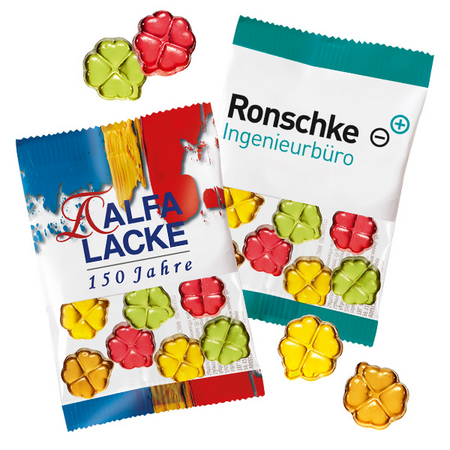 Fruchtgummi-Glücksklee in Werbetüte 10g mit Logo