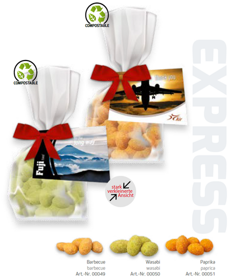 Express Flachbeutel mit Erdnüssen und Werbekarte