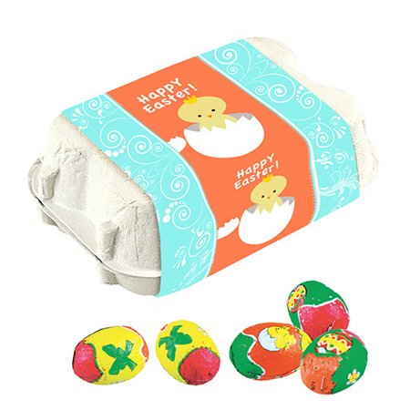 Schoko-Ostereier im Eierkarton mit Logo