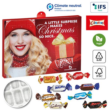 Nachhaltiger Premium Präsent Wand-Adventskalender individuell bedruckt mit ihrem Logo und gefüllt mit Celebrations Mix