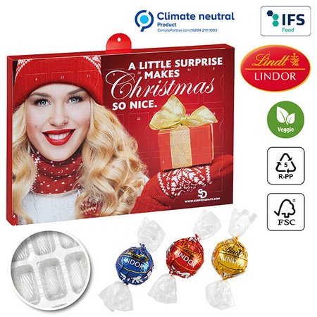 Nachhaltiger Premium Präsent Wand-Adventskalender individuell bedruckt mit ihrem Logo und gefüllt mit Lindt Lindor Kugeln