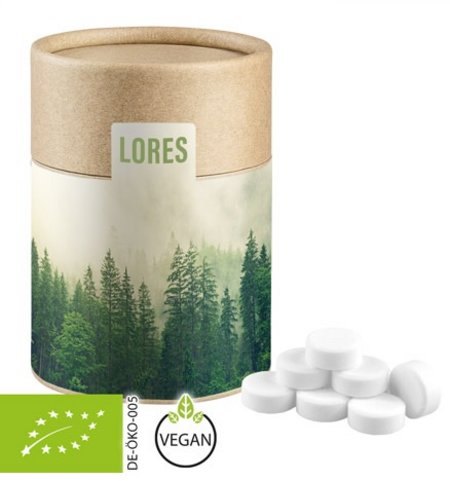 Biologisch abbaubare Eco Pappdose Midi mit Bio Pfefferminz Drops 80g mit Logo