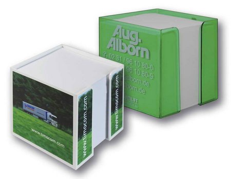 Zettelbox mit Papier 10cm mit Werbedruck