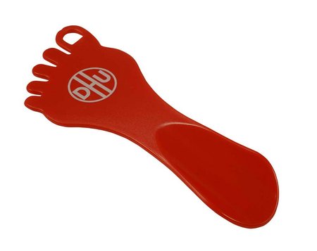Schuhanzieher in Fußform rot mit Werbedruck