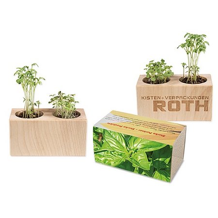 Pflanz-Holz 2er-Set mit Logo und Lasergravur als Werbegeschenk