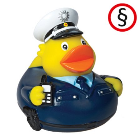 Quietsche-Ente Polizist mit Werbung oder Logo