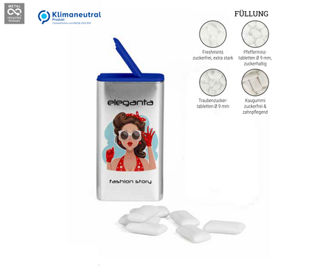 FlipTin Blanke Dose bedruckbar mit Füllung und blauem Kunststoffdeckel