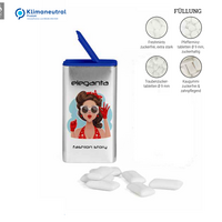 FlipTin Blanke Dose bedruckbar mit Füllung und blauem Kunststoffdeckel