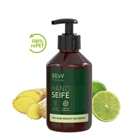 Flüssigseife Ingwer Limette im Spender mit Werbelogo