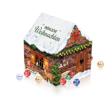 Adventskalender Lindt Weihnachtshaus mit Werbung
