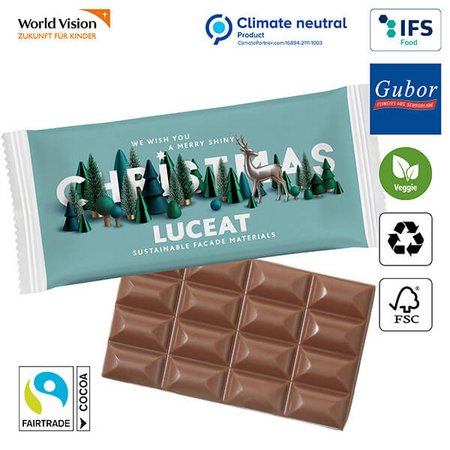 SUPER-MAXI-Schokoladentafel in nachhaltiger Papierverpackung mit ihrem Logo als bedrucktes Werbemittel