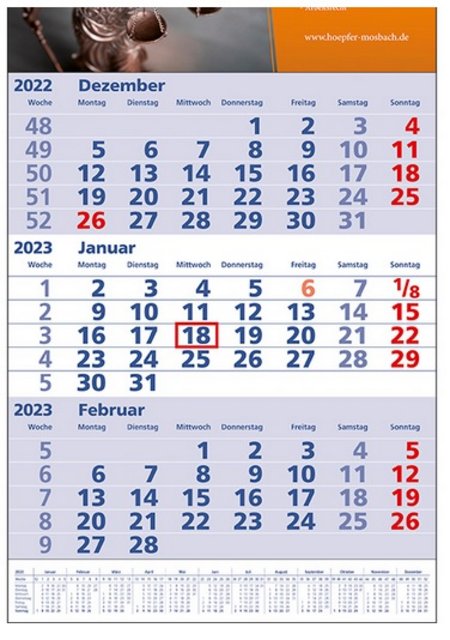 3 Monats-Wandkalender Standard 1 plus blau mit Werbedruck