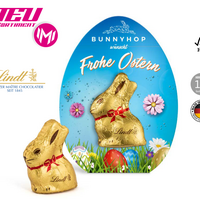 Mini Goldhase aus Schokolade in individuell bedruckter Klemmkartonage
