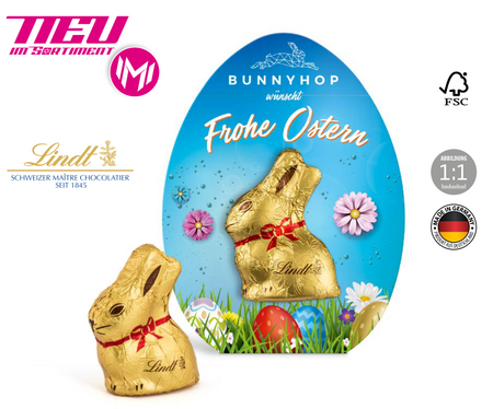 Mini Goldhase aus Schokolade in individuell bedruckter Klemmkartonage