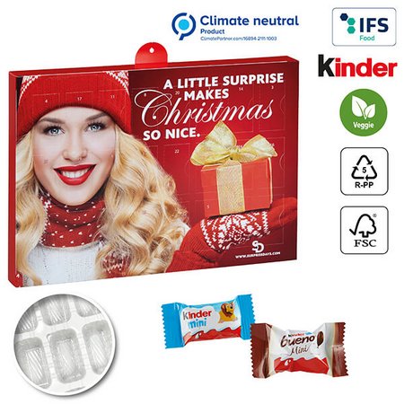 Nachhaltiger Premium Präsent Wand-Adventskalender, individuell bedruckt mit Logo, gefüllt mit Kinder Schokolade Mini und Bueno Mini