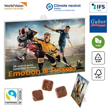 Sport-Schoko-Adventskalender Fußball, individueller Druck ihres Logos, klimaneutral produziert, nachhaltiges Werbemittel zur Weihnachtszeit