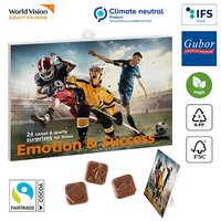 Sport-Schoko-Adventskalender Fußball, individueller Druck ihres Logos, klimaneutral produziert, nachhaltiges Werbemittel zur Weihnachtszeit