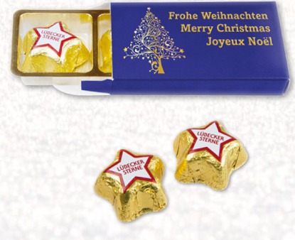 Schoko-Weihnachtskugeln in Faltschachtel mit Werbedruck